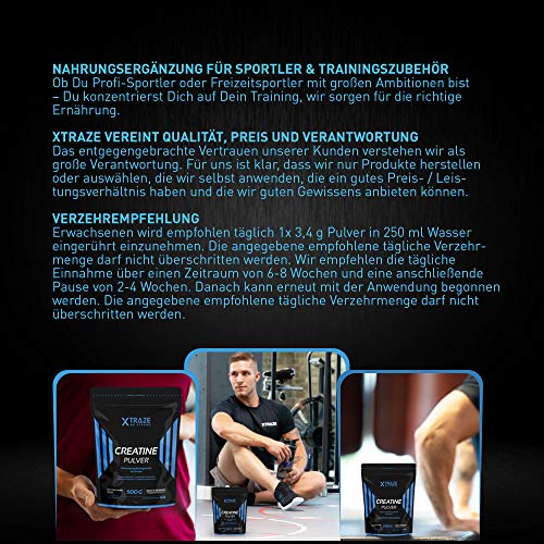 XTRAZE® Creatina Monohidrato en Polvo 500 g, Creatine Vegana 100% pura, Suplemento Deportivo sin Aditivos Innecesarios, para el Entrenamiento con Pesas, Muscular Aumentar, Fitness y Deporte