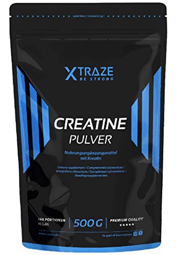 XTRAZE® Creatina Monohidrato en Polvo 500 g, Creatine Vegana 100% pura, Suplemento Deportivo sin Aditivos Innecesarios, para el Entrenamiento con Pesas, Muscular Aumentar, Fitness y Deporte