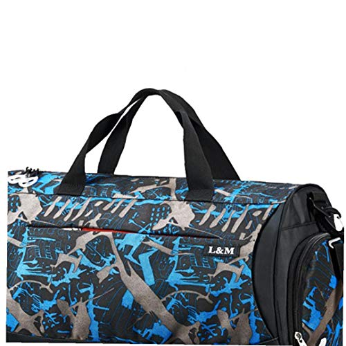 xuew Grandes Hombro Musculación Bolsas Yoga Poco voluminoso Deportes Bolsa de Gimnasio con Wet Bolsillo y Calzado Compartimiento de Viaje Mochila con Cuerdas para Hombres y Mujeres (Camuflaje Azul)