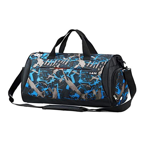 xuew Grandes Hombro Musculación Bolsas Yoga Poco voluminoso Deportes Bolsa de Gimnasio con Wet Bolsillo y Calzado Compartimiento de Viaje Mochila con Cuerdas para Hombres y Mujeres (Camuflaje Azul)