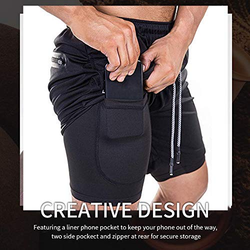 XuyIeY - Pantalones cortos para correr para hombre, entrenamiento, 2 en 1, con compresión interna y bolsillo, Hombre, color negro, tamaño Large