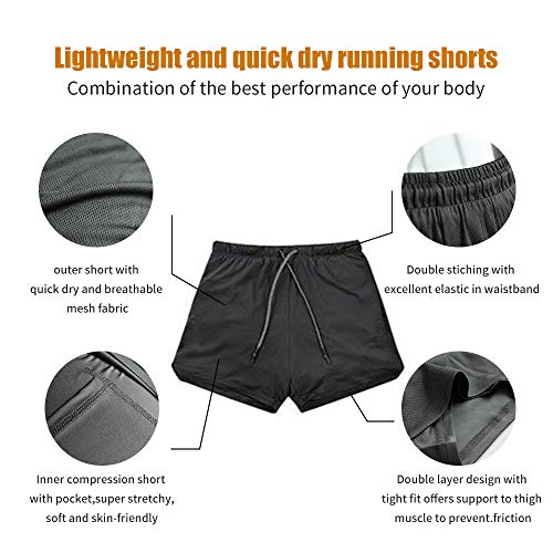 XuyIeY - Pantalones cortos para correr para hombre, entrenamiento, 2 en 1, con compresión interna y bolsillo, Hombre, color negro, tamaño Large
