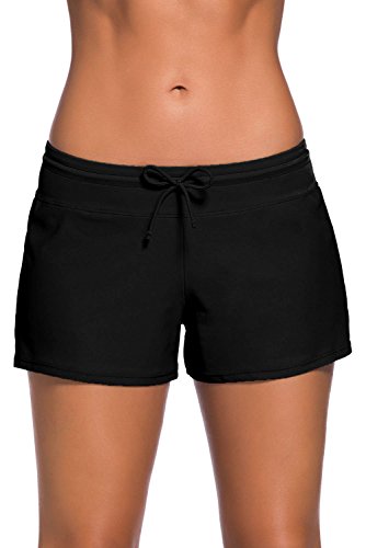 Yavero Shorts de Baño Mujer Bañador Short Deportes Acuáticos Shorts de Natación Secado Rápido Bikini Short Cortos con Cordón Ajustables Negro 2XL