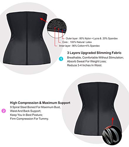 YIANNA Mujer Fajas Reductoras Corsé Waist Trainer Corset Reductor Adelgazante Bustiers de Cinturón Formación Negro,UK-YA- U37G-Black-L