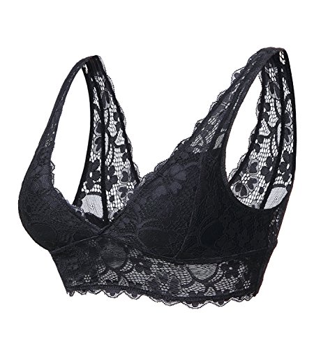 YIANNA Mujer Sujetador De Encaje con Relleno Elasticidad Sujetadores Comfort Lace Bra Top sin Aros Negro,UK-YA7120-Black-XL