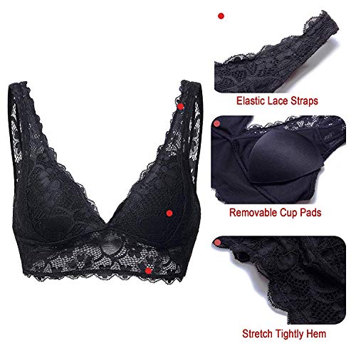 YIANNA Mujer Sujetador De Encaje con Relleno Elasticidad Sujetadores Comfort Lace Bra Top sin Aros Negro,UK-YA7120-Black-XL