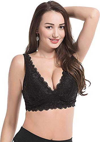 YIANNA Mujer Sujetador De Encaje con Relleno Elasticidad Sujetadores Comfort Lace Bra Top sin Aros Negro,UK-YA7120-Black-XL