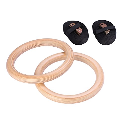 Yimidear Anillos de Gimnasia, Madera Anillos Olímpicos con Correas de Hebilla Anillos de Gimnasio para Entrenamiento de Fuerza, Crossfit, Dominadas y Dips (32MM)