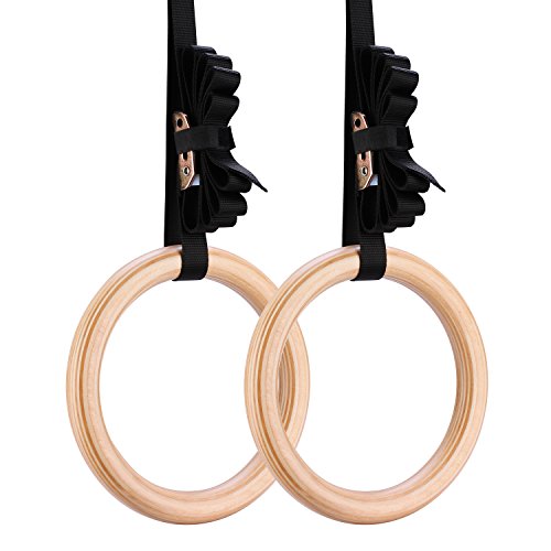 Yimidear Anillos de Gimnasia, Madera Anillos Olímpicos con Correas de Hebilla Anillos de Gimnasio para Entrenamiento de Fuerza, Crossfit, Dominadas y Dips (32MM)