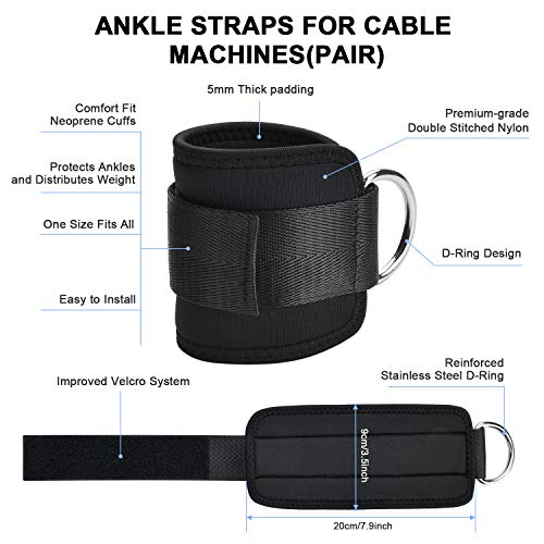 Yizhet 2pcs Par De Tobilleras Deportivas Correas Ajustables para Los Tobillos con Doble Anilla en D Correa para muñecas y piernas de Peso, para Fijar máquina de Cable(Negro)