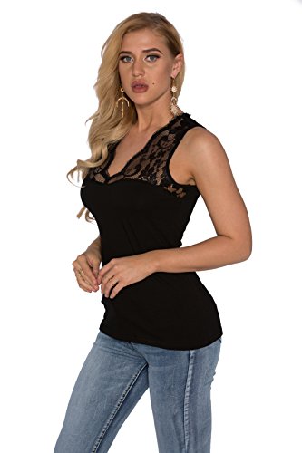 YOINS Mujer Chaleco Sexy Camiseta Encaje Ropa Interior Deportiva Camisa con Cuello En V Top Sin Mangas Flaco Pijama Casual Chaleco Negro EU44