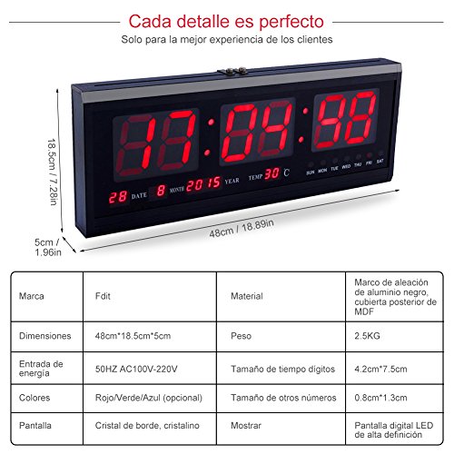Yosoo Reloj Digital Grande LED con el Calendario la Fecha y la Temperatura Indicación Reloj de Escritorio (Rojo)