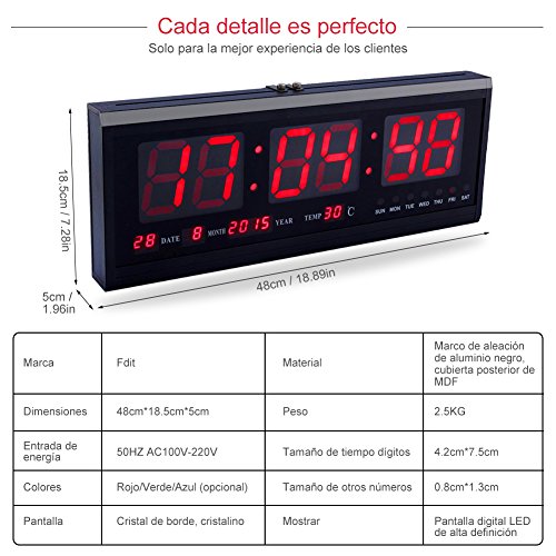 Yosoo Reloj Digital Grande LED con el Calendario la Fecha y la Temperatura Indicación Reloj de Escritorio (Rojo)