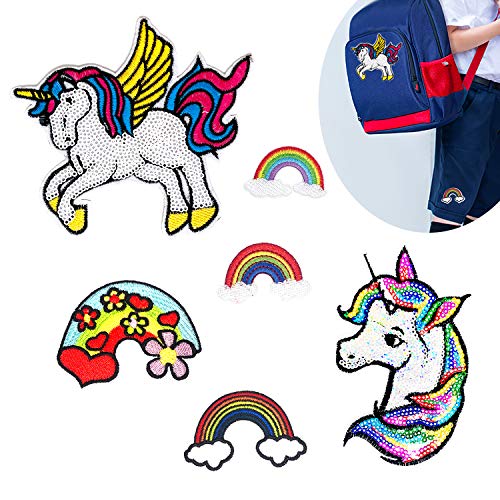 YouU 6 Piezas Unicornio Arco Iris Parches Ropa Termoadhesivos Bordados Cosido,Parches Lentejuelas,Parches Ropa, Parches Bordados Cosidos para Niños