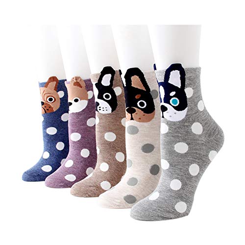 Yuccer Calcetines de Animales, 5 Pares Divertidos Calcetines de Algodón Linda Piso Calcetines de dibujos Crew Socks para Bebé Niñas Adulto (Perro)