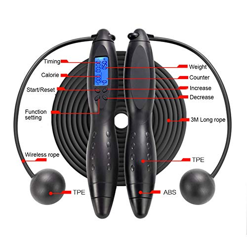 Yuccer Cuerda de Saltar, Cuerda de Velocidad Skipping Rope Longitud Ajustable con Calorie Counter Women Men (Negro)