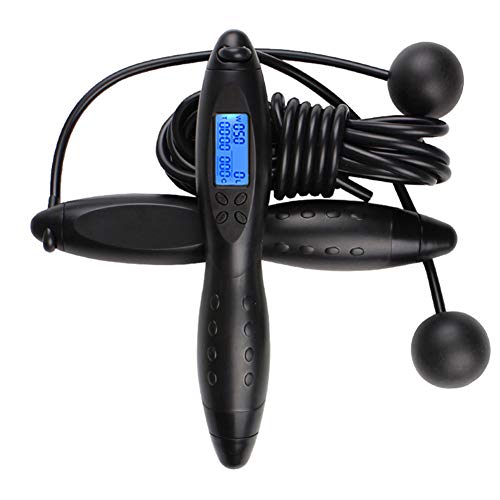 Yuccer Cuerda de Saltar, Cuerda de Velocidad Skipping Rope Longitud Ajustable con Calorie Counter Women Men (Negro)