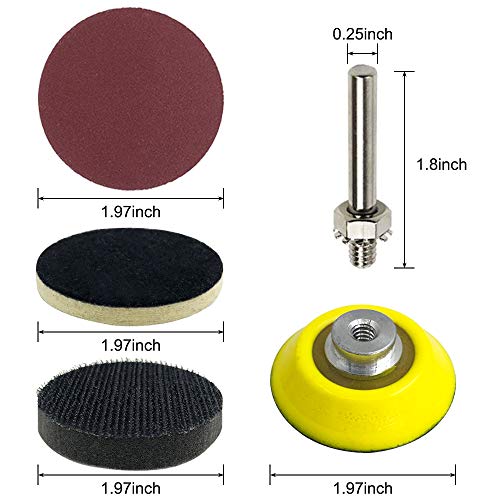 YuCool - Juego de discos de lija (120 unidades, 5 cm, 1 placa de vástago de 6 mm, 2 almohadillas de lana autoadhesivas y cojines de esponja para taladro y herramientas rotatorias, 124 unidades)