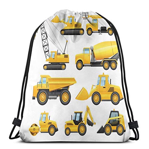 YUDILINSA Mochila con Cordón Mochila Bolsa Bolsa de Gimnasio,Imágenes abstractas de vehículos de construcción Maquinaria Camiones Grúa Excavadora,Bolsa de Kit de Saco de Gimnasia Bolsa