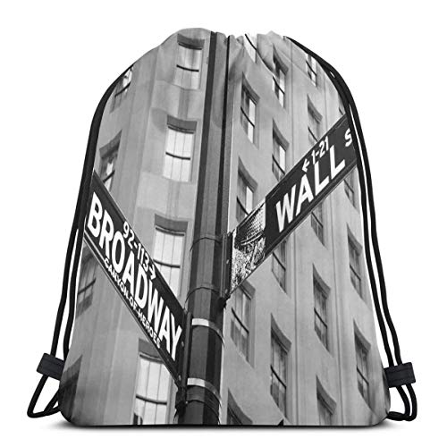 YUDILINSA Mochila con Cordón Mochila Bolsa Bolsa de Gimnasio,Señales de intersección de Wall Street y Broadway financian destinos de arte,Bolsa de Kit de Saco de Gimnasia Bolsa de Natación para Unisex