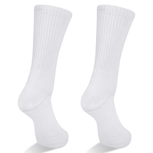 YUEDGE Hombre Sport Alto Rendimiento Antideslizantes Algodón Cushioned Blanco Solid Crew Transpirable Senderismo Tenis Deportes Calcetines Adulto paquete de 3 XL