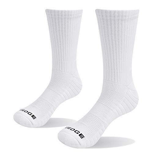 YUEDGE Hombre Sport Alto Rendimiento Antideslizantes Algodón Cushioned Blanco Solid Crew Transpirable Senderismo Tenis Deportes Calcetines Adulto paquete de 3 XL