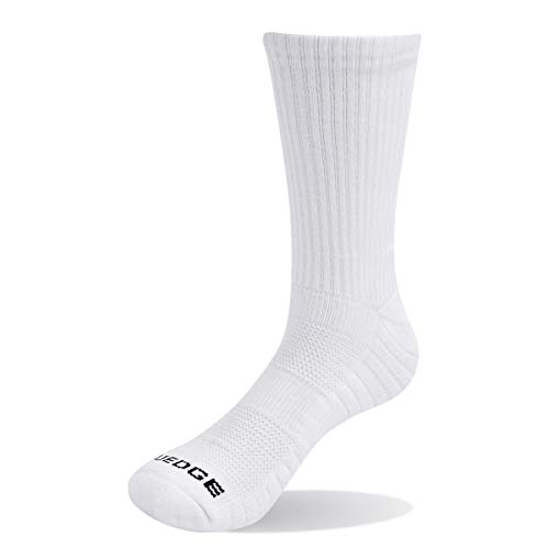 YUEDGE Hombre Sport Alto Rendimiento Antideslizantes Algodón Cushioned Blanco Solid Crew Transpirable Senderismo Tenis Deportes Calcetines Adulto paquete de 3 XL