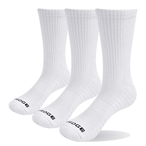 YUEDGE Hombre Sport Alto Rendimiento Antideslizantes Algodón Cushioned Blanco Solid Crew Transpirable Senderismo Tenis Deportes Calcetines Adulto paquete de 3 XL