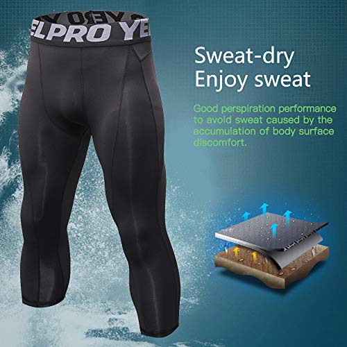 Yuerlian Mallas 3/4 para hombre de compresión en seco frío para correr, gimnasio, entrenamiento, pantalones capri, Hombre, Línea negra, large