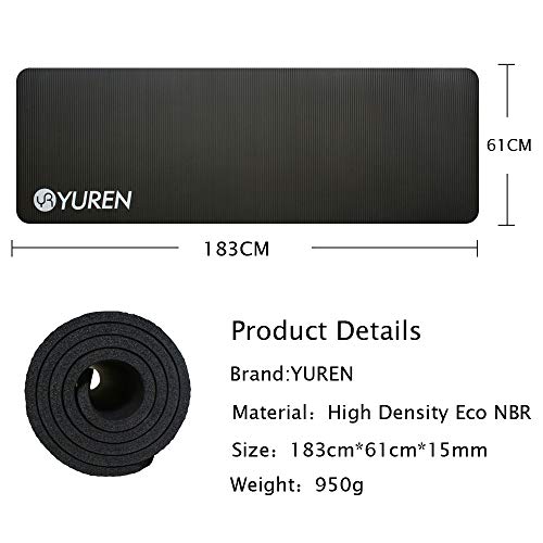 YUREN Esterilla para Yoga 183cm x 61cm 15mm Grosor Pilates Gimnasia Yoga Colchoneta Esterilla Antideslizante NBR Yoga Fitness