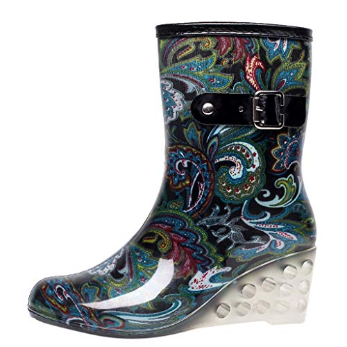 YWLINK Botas De Lluvia Mujer Impermeable Leopardo Zapatos con CuñA Botas De Nieve Estilo Punk Zapatos De Agua Transparentes Zapatos De Goma Moda CóModo TamañO Grande Tubo Medio Y Alto(Azul,36EU)