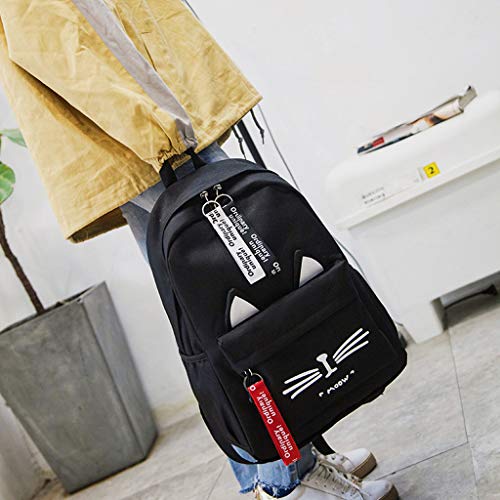 YWLINK Moda Mujer Nylon Mochila Cremallera Gato PatróN Bolsa De Hombro Estudiantes Bolsa De Viaje Escolar Mochila Deportes Al Aire Libre Fiesta Compras Regalo(Negro)