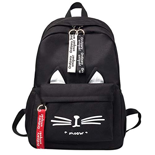 YWLINK Moda Mujer Nylon Mochila Cremallera Gato PatróN Bolsa De Hombro Estudiantes Bolsa De Viaje Escolar Mochila Deportes Al Aire Libre Fiesta Compras Regalo(Negro)