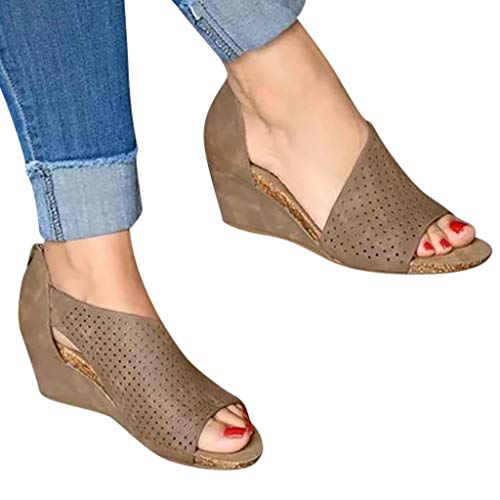 YWLINK Sandalias PU Moda Mujer CuñAs Boca Baja Peep Toe Zapatos Casuales De Playa Sandalias Romanas Fiesta TamañO Grande Zapatillas Al Aire Libre Moda Casual(Caqui,37EU)