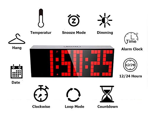 Yxs Reloj Digital LED, Pantalla de Fuente más Grande Jumbo de 3 Pulgadas, Cuenta atrás/Arriba, Temperatura, Fecha, 6 alarmas, función de repetición, para el Gimnasio de la Cocina en casa,Verde