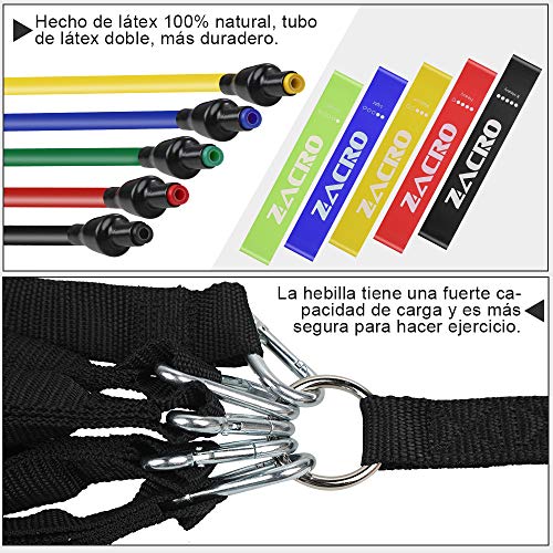 Zacro 16Pcs Bandas Elasticas Resistencia Fitness,5 Bandas Extra Adjunto,5 Bandas Tubo de Látex,Ancla de Puerta,Correas de Tobillo,Manual Manijas Asas para Fitness Entrenamiento Crossfit