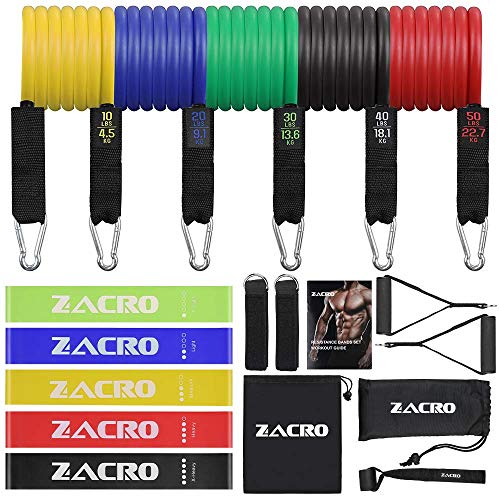 Zacro 16Pcs Bandas Elasticas Resistencia Fitness,5 Bandas Extra Adjunto,5 Bandas Tubo de Látex,Ancla de Puerta,Correas de Tobillo,Manual Manijas Asas para Fitness Entrenamiento Crossfit