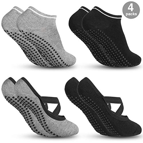 Zacro 4Pcs Calcetines-Yoga Antideslizantes de Mujeres Deportivos para Ejercicio Interior,Cómodo Pilates,Yoga,Fitness,etc (Negro y Gris)