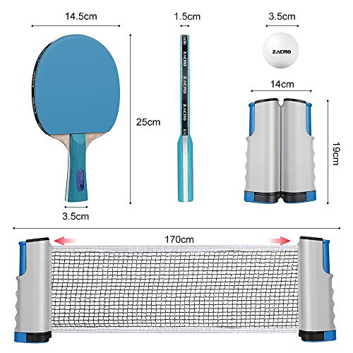 Zacro Juego de Tenis de Mesa 10 en 1, Sets de Ping Pong con 2 Palas de Ping Pong + 6 Pelotas + 1 Red Retráctil 170cm + 1 Bolsa de Malla，Material de Álamo，para el Juego Interior al Aire Libre y Regalo