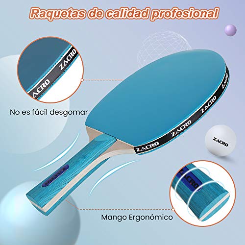 Zacro Juego de Tenis de Mesa 10 en 1, Sets de Ping Pong con 2 Palas de Ping Pong + 6 Pelotas + 1 Red Retráctil 170cm + 1 Bolsa de Malla，Material de Álamo，para el Juego Interior al Aire Libre y Regalo