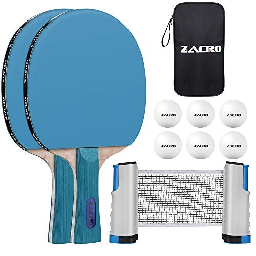 Zacro Juego de Tenis de Mesa 10 en 1, Sets de Ping Pong con 2 Palas de Ping Pong + 6 Pelotas + 1 Red Retráctil 170cm + 1 Bolsa de Malla，Material de Álamo，para el Juego Interior al Aire Libre y Regalo