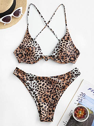 ZAFUL - Bikini de dos piezas para mujer, diseño de leopardo Criss Cross Push Up de corte alto y acolchado marrón M