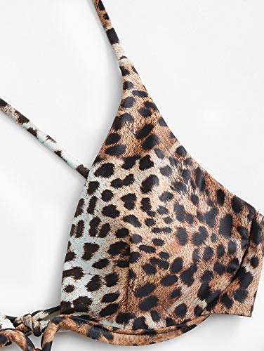 ZAFUL - Bikini de dos piezas para mujer, diseño de leopardo Criss Cross Push Up de corte alto y acolchado marrón M
