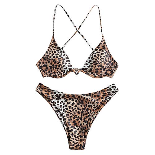 ZAFUL - Bikini de dos piezas para mujer, diseño de leopardo Criss Cross Push Up de corte alto y acolchado marrón M