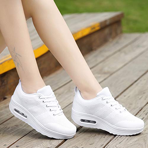 Zapatillas cuña Mujer Deportivas cuña Mujer Zapatos Deporte Gimnasio Zapatillas de Running Ligero Sneakers Cómodos Fitness Zapatos de Trabajo Blanco A 42EU