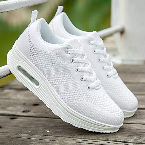 Zapatillas cuña Mujer Deportivas cuña Mujer Zapatos Deporte Gimnasio Zapatillas de Running Ligero Sneakers Cómodos Fitness Zapatos de Trabajo Blanco A 42EU