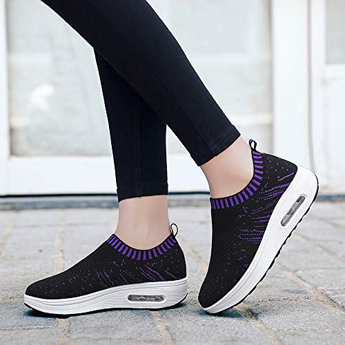 Zapatillas De Deporte De Mujer Plataforma Alta Zapatos Casuales con Cordones Tejido De Malla Colores Mezclados Zoelove/Negro,37