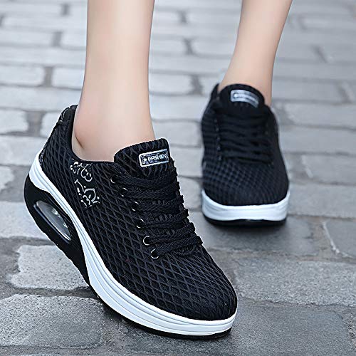 Zapatillas De Deporte De Mujer Plataforma Alta Zapatos Casuales con Cordones Tejido De Malla Colores Mezclados Zoelove/Negro,37