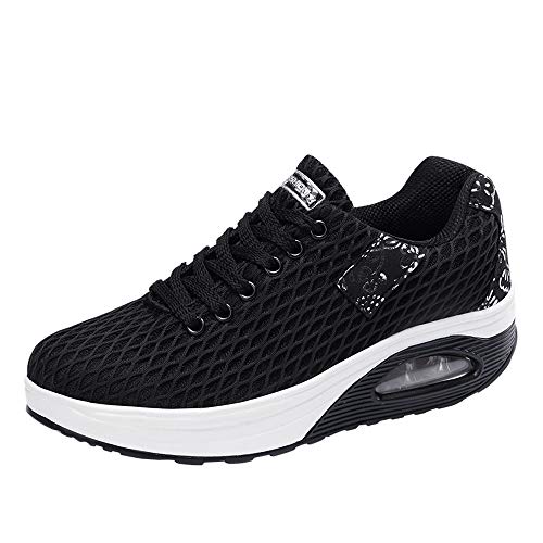 Zapatillas De Deporte De Mujer Plataforma Alta Zapatos Casuales con Cordones Tejido De Malla Colores Mezclados Zoelove/Negro,37