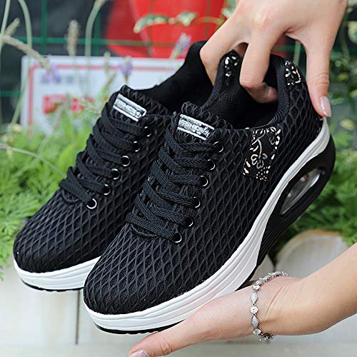 Zapatillas De Deporte De Mujer Plataforma Alta Zapatos Casuales con Cordones Tejido De Malla Colores Mezclados Zoelove/Negro,37